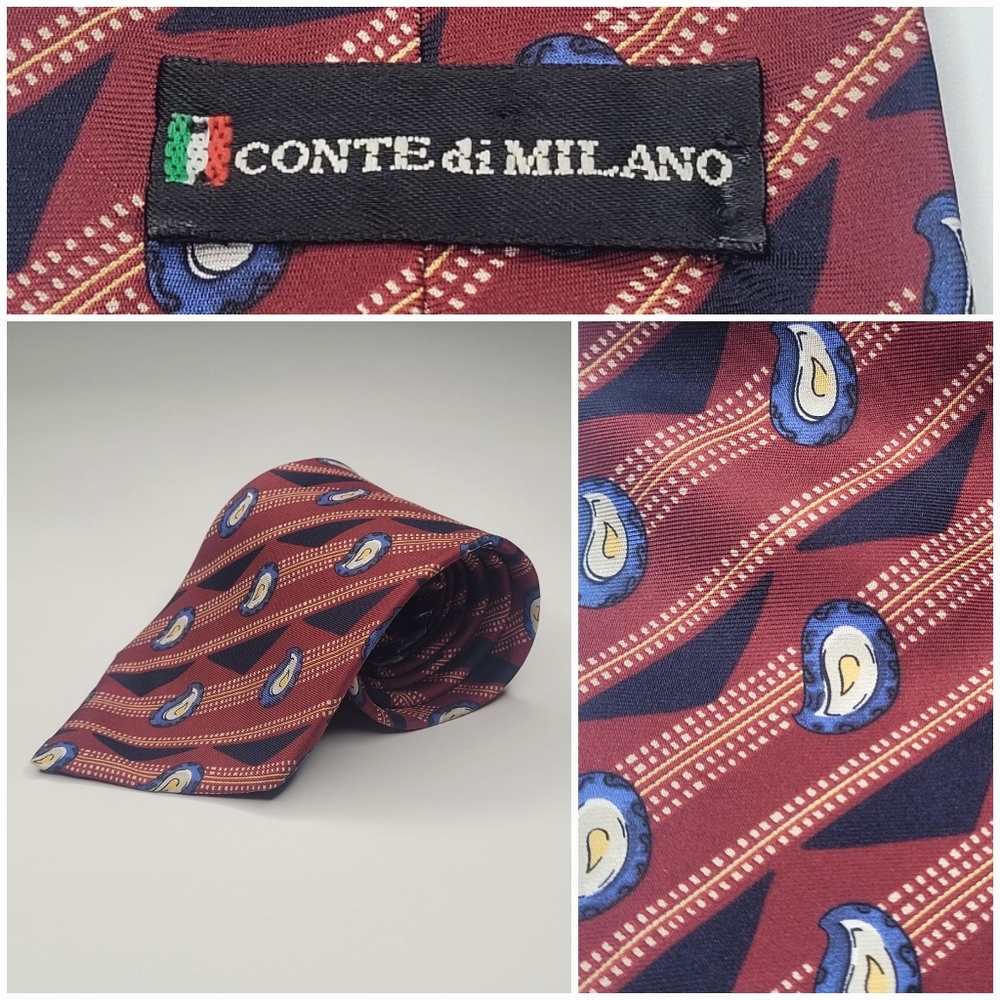 Conte Di Milano Red Paisley Geometric Silk Tie 56 X 4